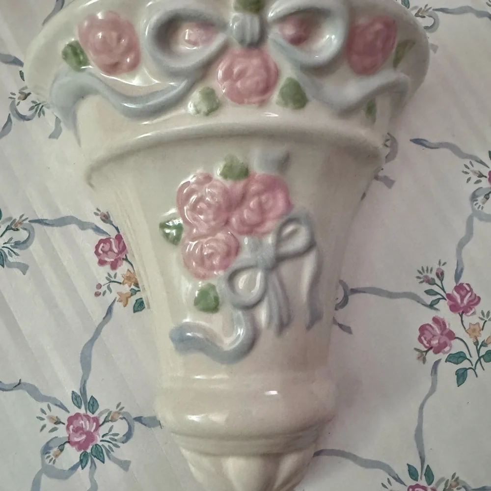 Pink Rose Ceramic Wall Pockets with Blue Ribbon Accents NOS